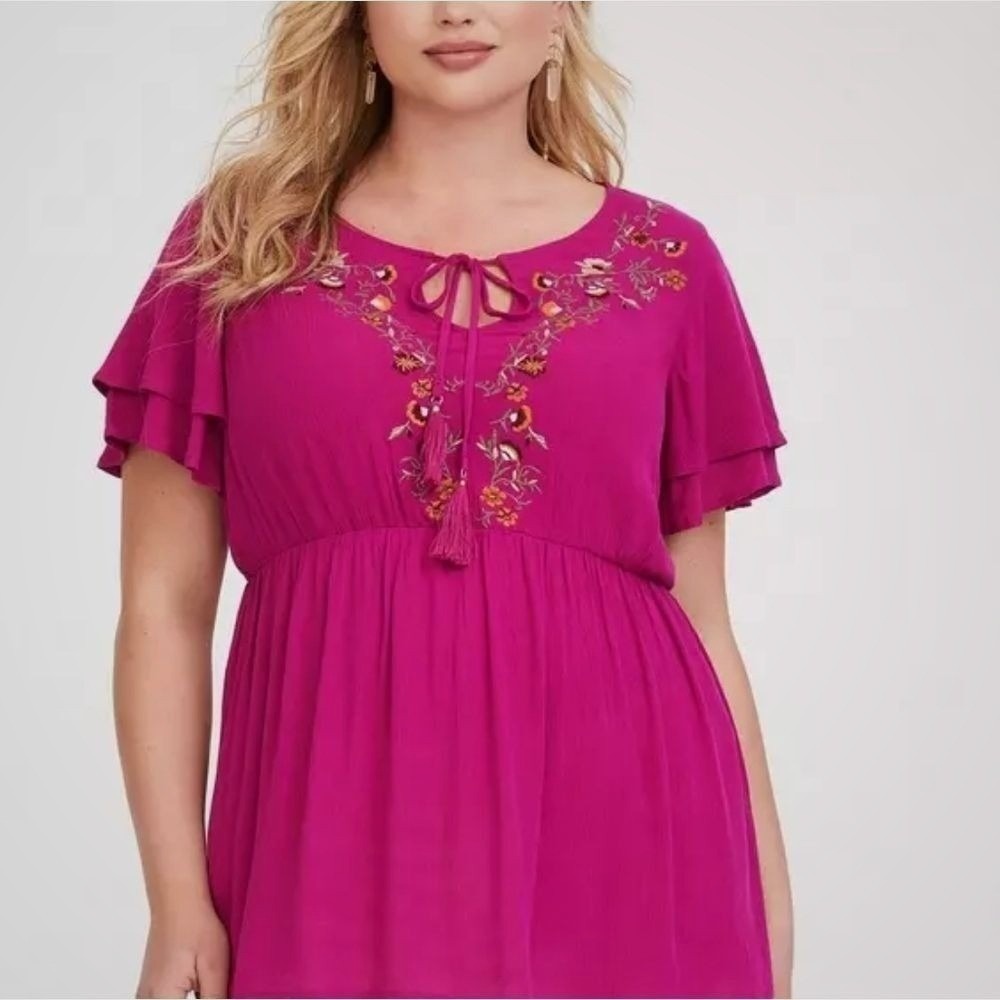 Torrid Womens Floral Embroidered Tassel Babydoll Blouse Magenta Pink 1 1X